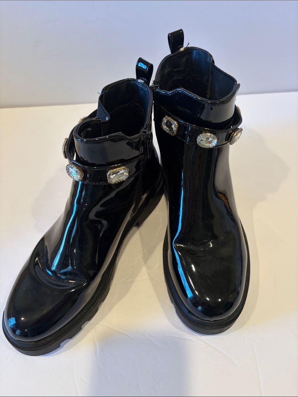 Steve Madden Patent Leather Ankle Boots with Gem Strap - Black